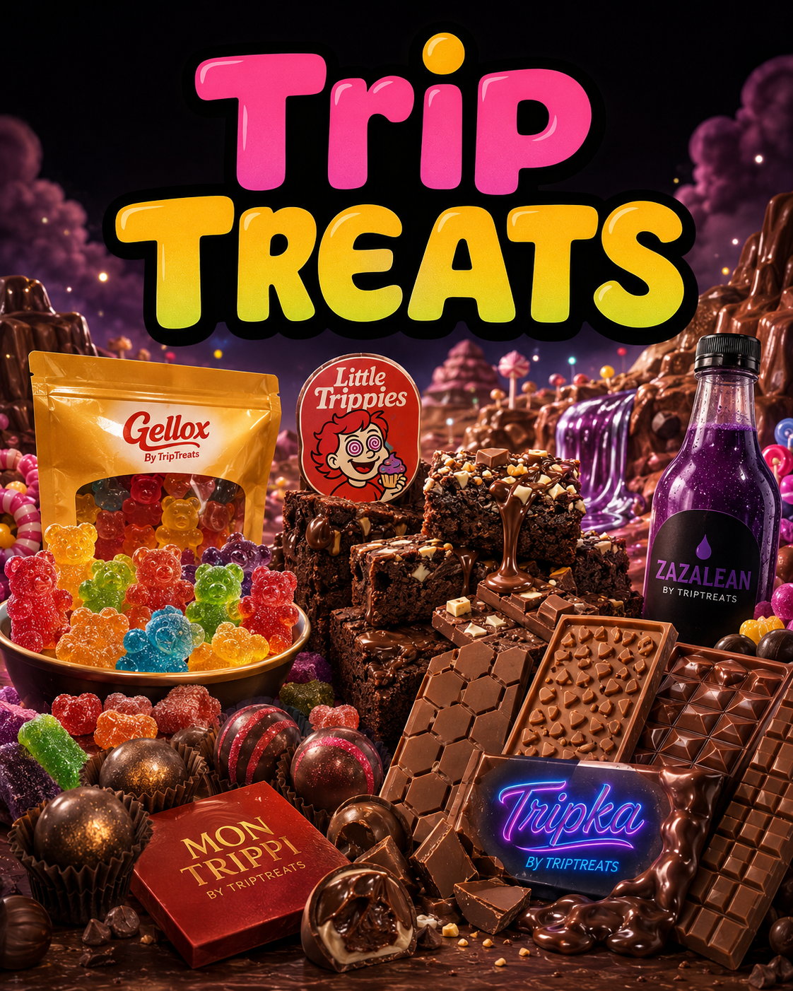 Trip Treats candy world with Gellox gummies, Little Trippies brownies, Tripka chocolate bars, Mon Trippi pralines and Zazalean syrup